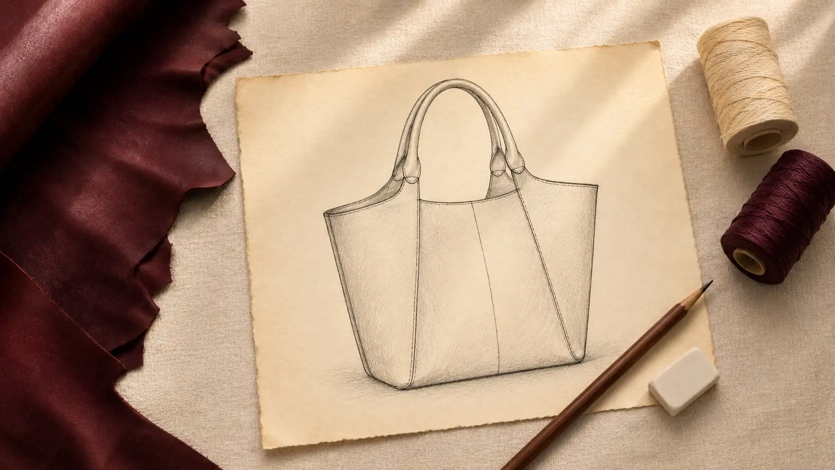 Custom leather product design flat lay with sketch and materials