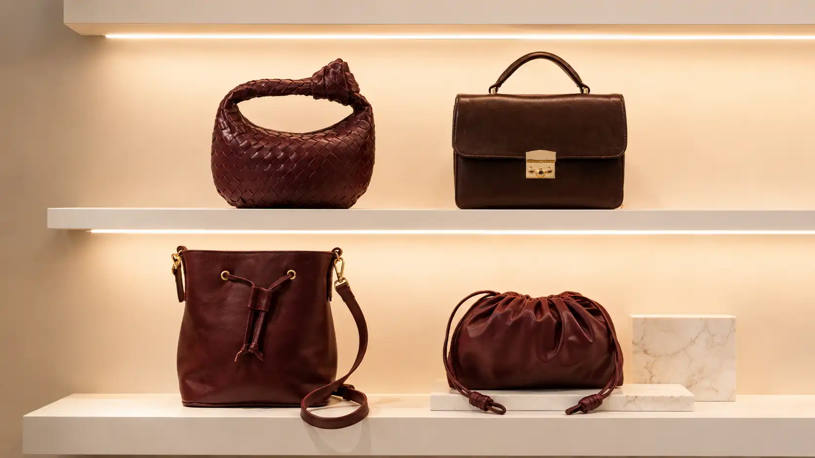 Vin's leather bags on retail shelf display